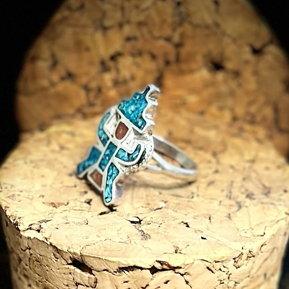 Vintage Navajo Turquoise & Coral Chip Inlay Knife-wing Sterling Silver